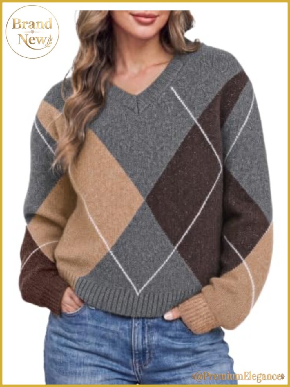 V Neck Argyle Sweater Long Sleeve Knit Pullover Casual
